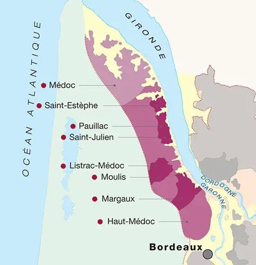 Carte illustrée des vignobles de la rive gauche du Médoc, incluant Saint-Estèphe, Pauillac, Saint-Julien, Margaux, Listrac-Médoc, Moulis et Haut-Médoc, région viticole prestigieuse de Bordeaux.